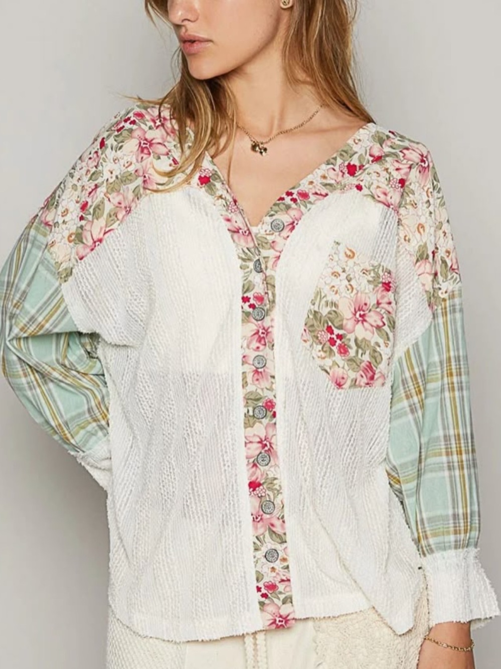 POL White Button-Front Knit Top with Floral Trim and Plaid Sleeves